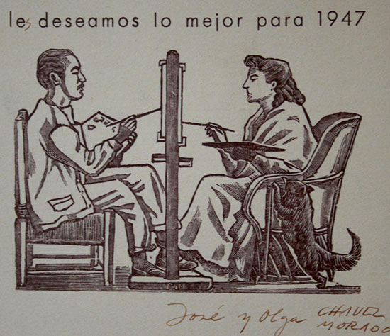 José Chávez Morado, autorretrato y Olga Costa, 1947, Grabado, linóleo. Colección Blaisten